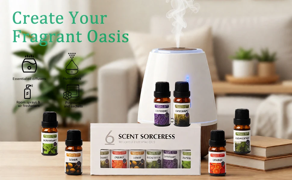 Set de 6 Aceites Esenciales para Aromaterapia y Masajes con Fragancias de Lim&oacute;n Puro, Naranja Dulce, Eucalipto, Lavanda, Menta y Romero