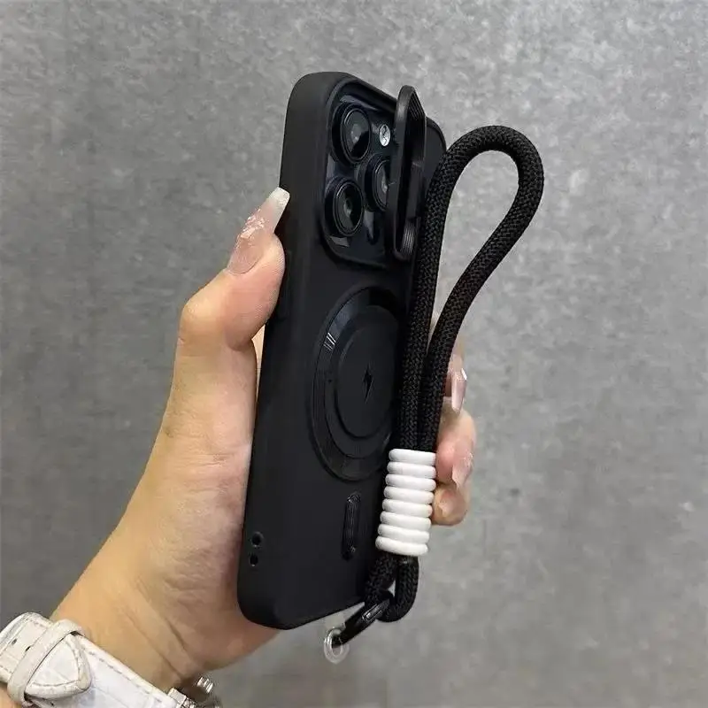 Soporte de lente abatible para Magsafe con funda con cord&oacute;n para mu&ntilde;eca para iPhone 14, 17, 15, 13, 16, 11, 12 Pro Max Air, funda a prueba de golpes de Color s&oacute;lido