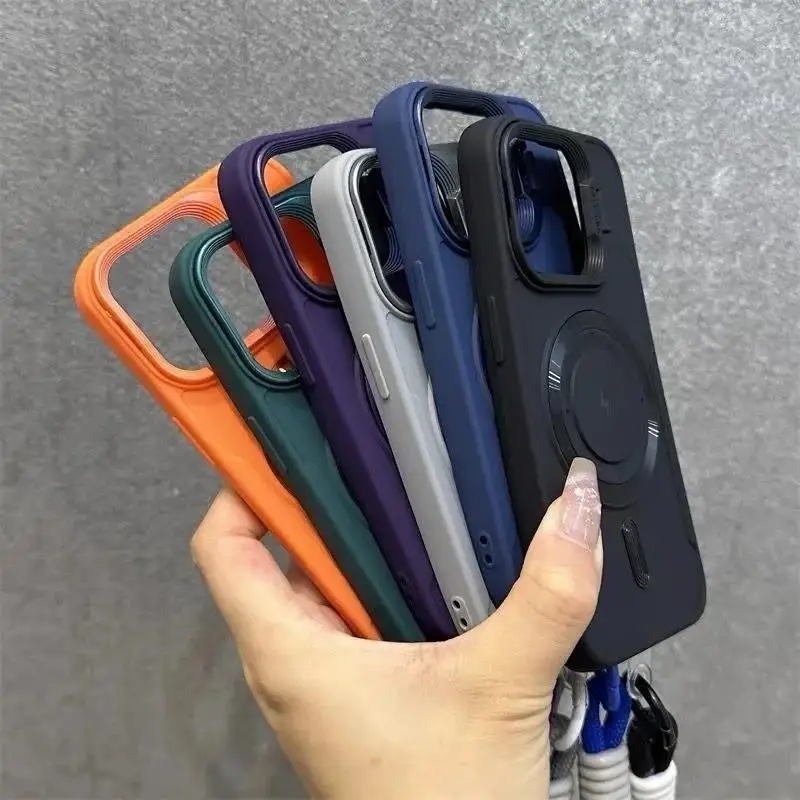 Soporte de lente abatible para Magsafe con funda con cord&oacute;n para mu&ntilde;eca para iPhone 14, 17, 15, 13, 16, 11, 12 Pro Max Air, funda a prueba de golpes de Color s&oacute;lido