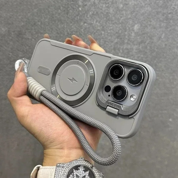 Soporte de lente abatible para Magsafe con funda con cord&oacute;n para mu&ntilde;eca para iPhone 14, 17, 15, 13, 16, 11, 12 Pro Max Air, funda a prueba de golpes de Color s&oacute;lido