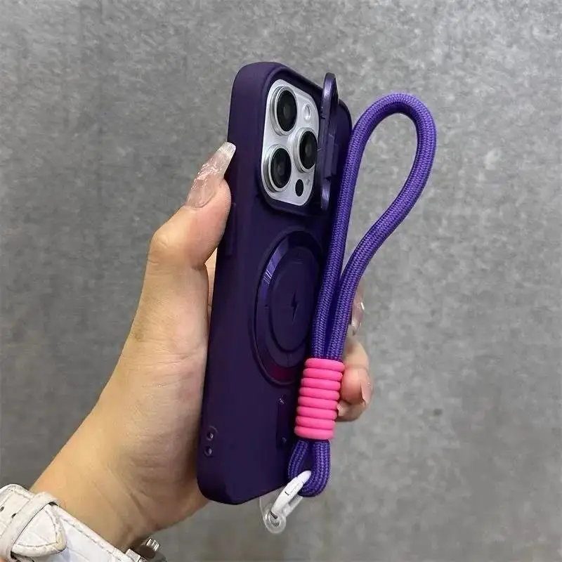 Soporte de lente abatible para Magsafe con funda con cord&oacute;n para mu&ntilde;eca para iPhone 14, 17, 15, 13, 16, 11, 12 Pro Max Air, funda a prueba de golpes de Color s&oacute;lido