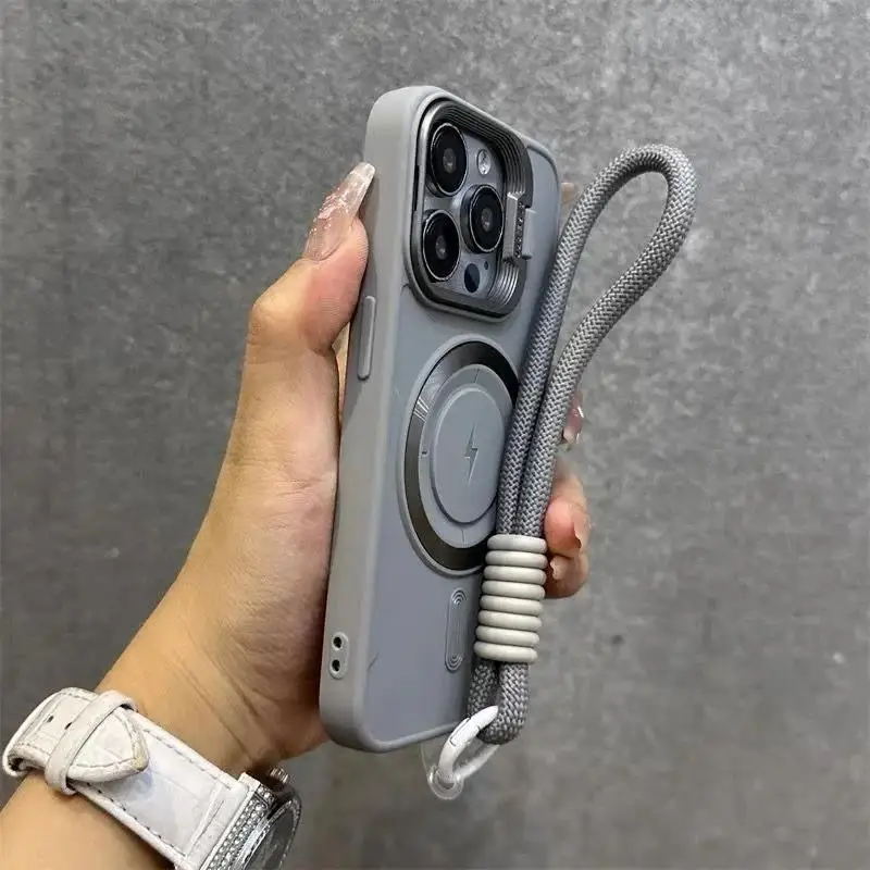Soporte de lente abatible para Magsafe con funda con cord&oacute;n para mu&ntilde;eca para iPhone 14, 17, 15, 13, 16, 11, 12 Pro Max Air, funda a prueba de golpes de Color s&oacute;lido