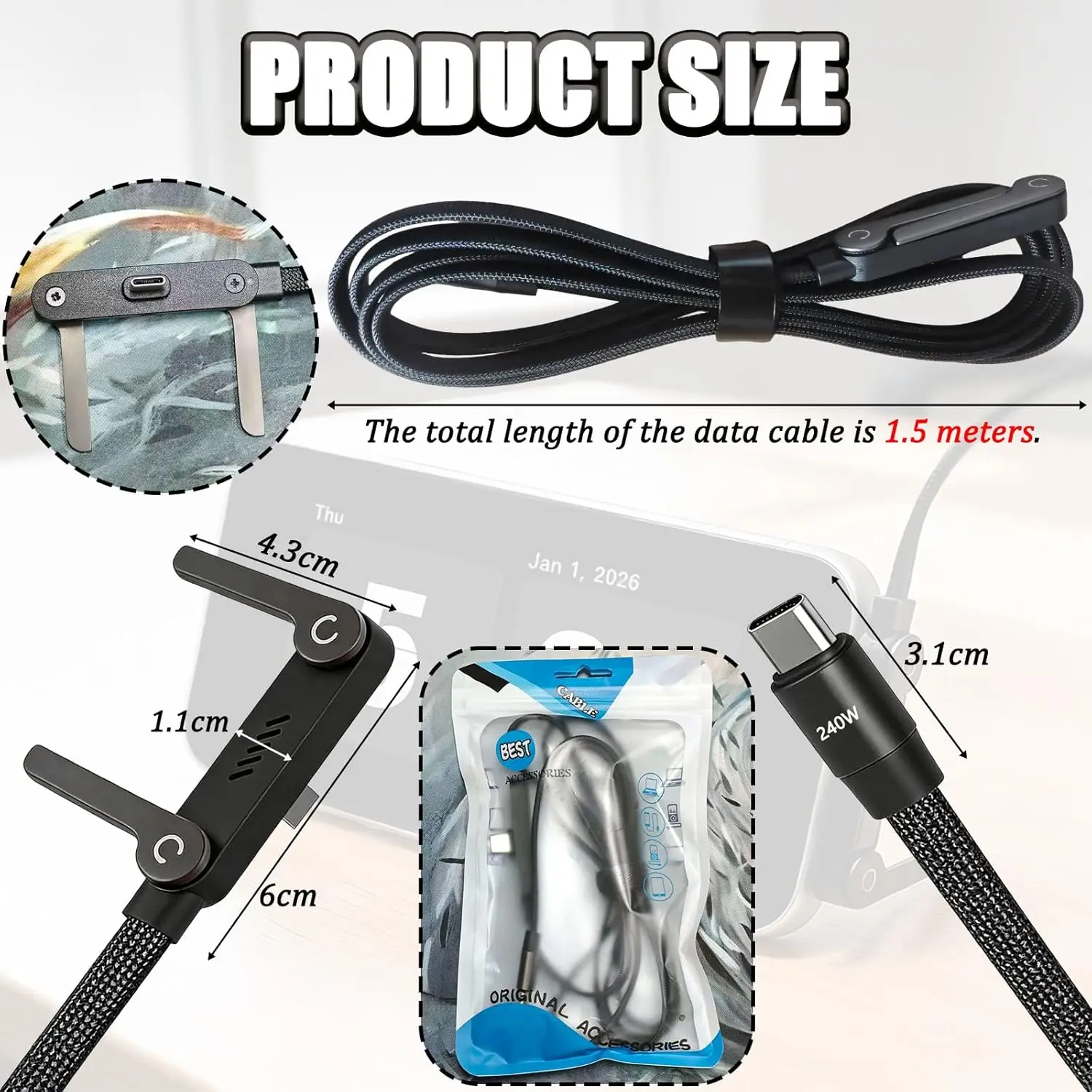 Cable de Carga R&aacute;pida de 240W con Soporte Plegable para Tel&eacute;fono, USB A Tipo C, Cables Cargadores para iPhone 17 16 15 Samsung S26 Xiaomi