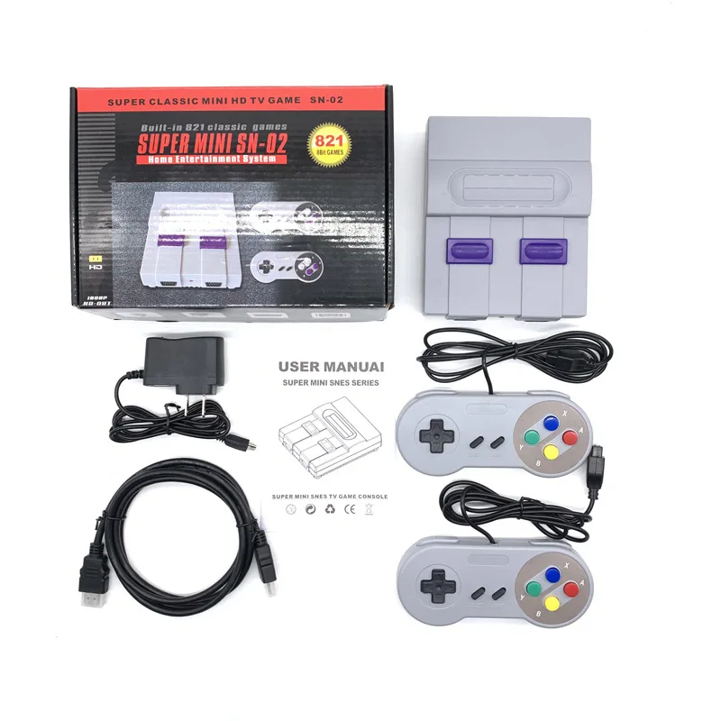Consola de videojuegos retro para Snes de 8 bits con 821 juegos integrados para Snes, dos mandos y salida AV.