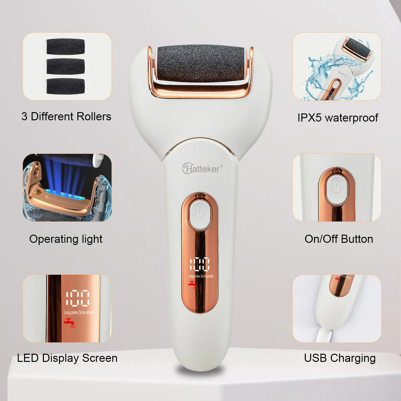 Hatteker Lima El&eacute;ctrica para Pies Recargable por USB, Removedor de Callos, Dispositivo de Pedicura, Herramienta para el Cuidado de los Pies, para Eliminar la Piel Dura del Tal&oacute;n, Resistente al Agua
