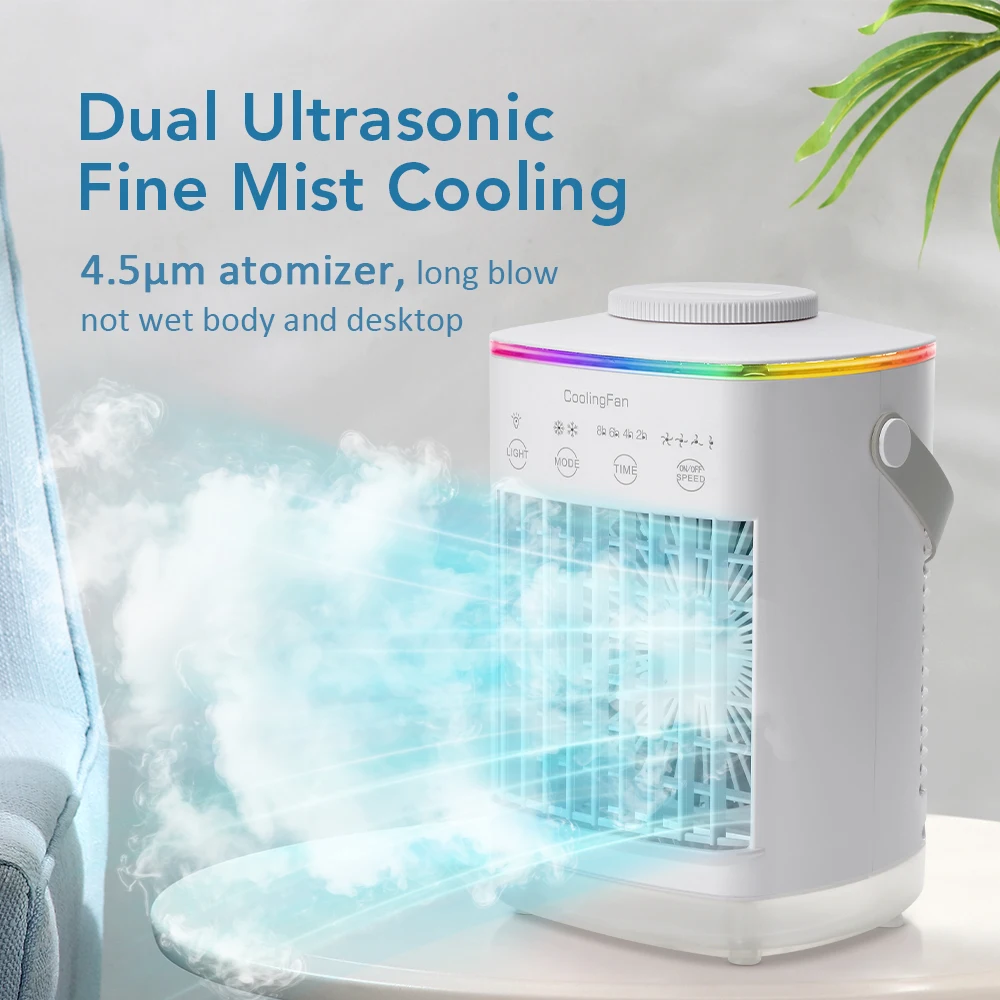 Ventilador de aire acondicionado de escritorio, ventilador de aire port&aacute;til con luz nocturna LED, humidificador, mini ventilador de refrigeraci&oacute;n con agua y hielo para el hogar y la oficina