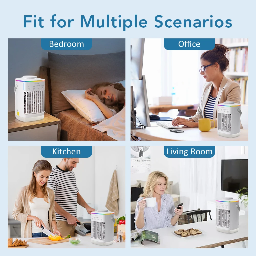 Ventilador de aire acondicionado de escritorio, ventilador de aire portátil con luz nocturna LED, humidificador, mini ventilador de refrigeración con agua y hielo para el hogar y la oficina Ventilador de aire acondicionado de escritorio, ventilador de aire portátil con luz nocturna LED, humidificador, mini ventilador de refrigeración con agua y hielo para el hogar y la oficina