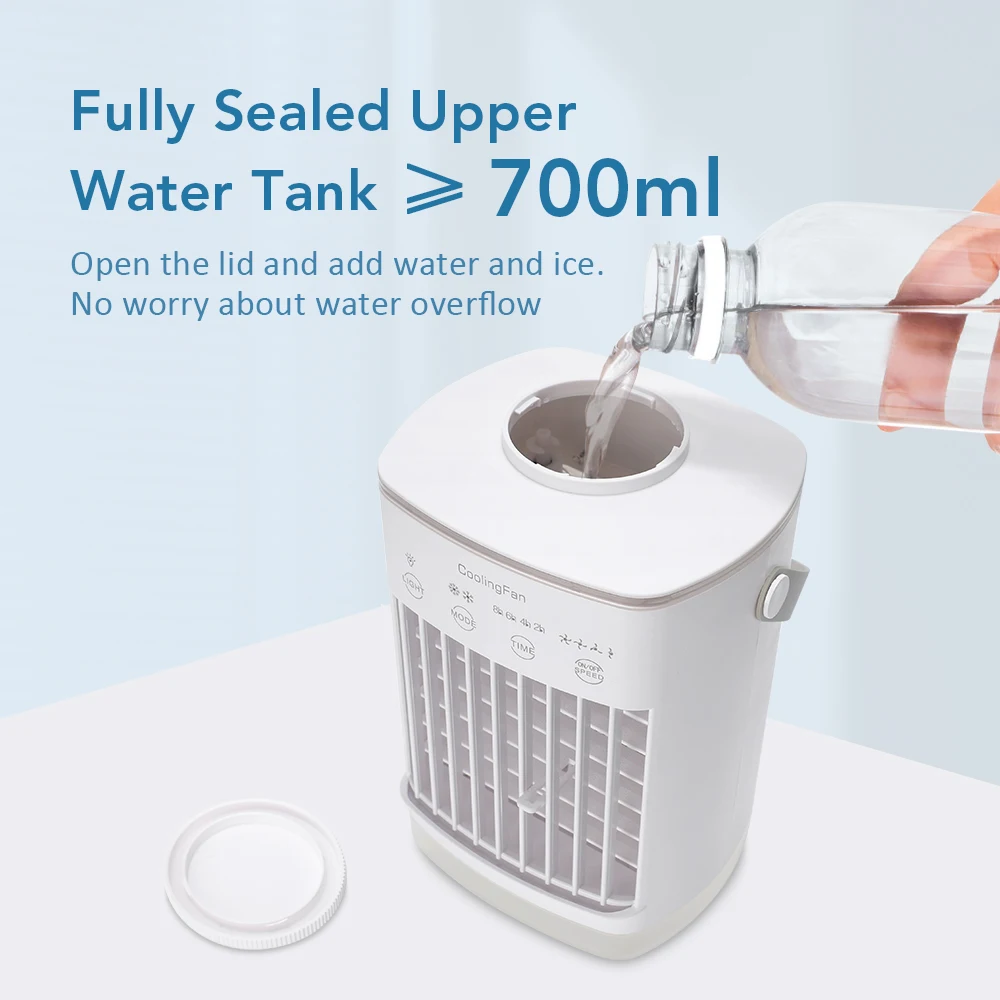 Ventilador de aire acondicionado de escritorio, ventilador de aire portátil con luz nocturna LED, humidificador, mini ventilador de refrigeración con agua y hielo para el hogar y la oficina Ventilador de aire acondicionado de escritorio, ventilador de aire portátil con luz nocturna LED, humidificador, mini ventilador de refrigeración con agua y hielo para el hogar y la oficina
