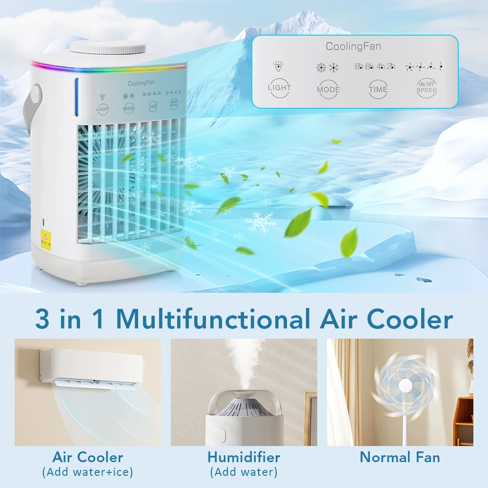 Ventilador de aire acondicionado de escritorio, ventilador de aire port&aacute;til con luz nocturna LED, humidificador, mini ventilador de refrigeraci&oacute;n con agua y hielo para el hogar y la oficina