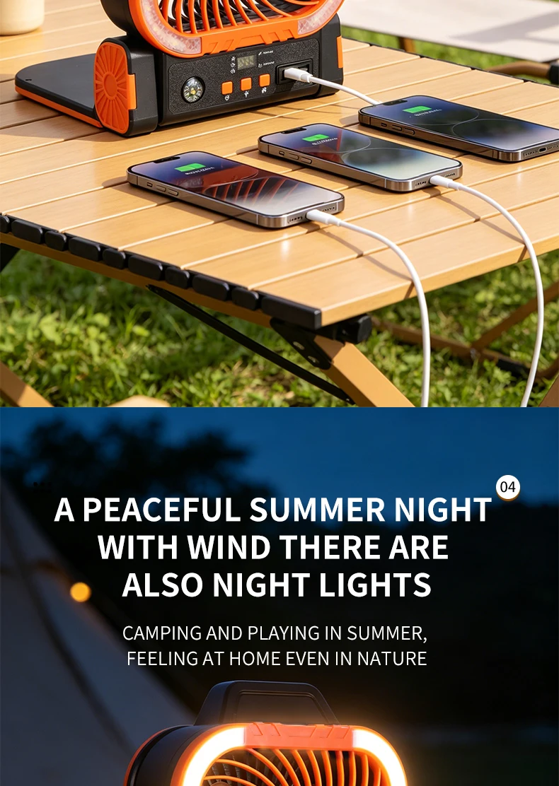 Ventilador de Camping Solar Port&aacute;til, Recargable, con Luz LED, Banco de Energ&iacute;a, Gancho Plegable para Tienda de Campa&ntilde;a y Pesca