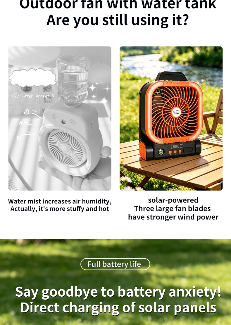 Ventilador de Camping Solar Port&aacute;til, Recargable, con Luz LED, Banco de Energ&iacute;a, Gancho Plegable para Tienda de Campa&ntilde;a y Pesca