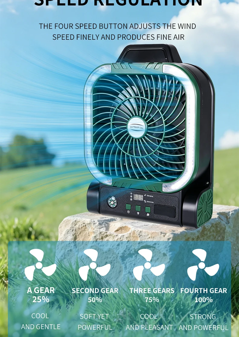 Ventilador de Camping Solar Port&aacute;til, Recargable, con Luz LED, Banco de Energ&iacute;a, Gancho Plegable para Tienda de Campa&ntilde;a y Pesca