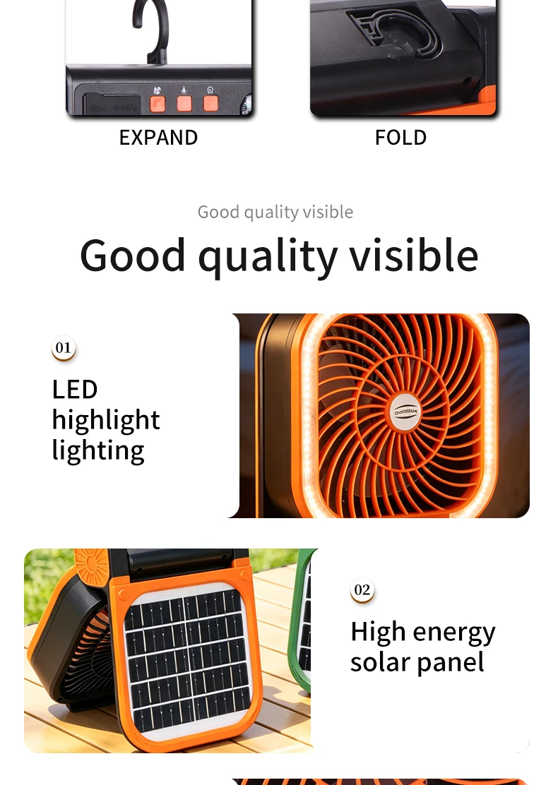 Ventilador de Camping Solar Port&aacute;til, Recargable, con Luz LED, Banco de Energ&iacute;a, Gancho Plegable para Tienda de Campa&ntilde;a y Pesca