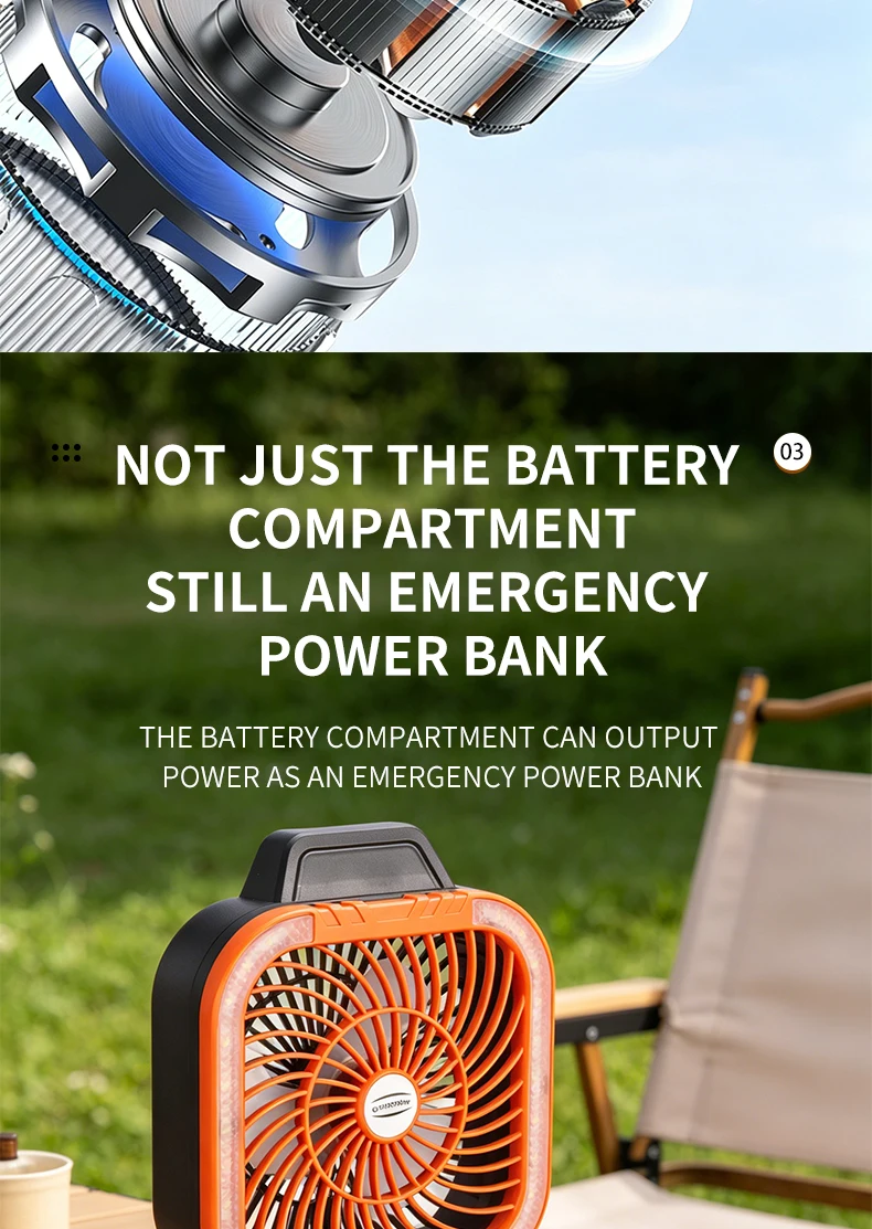 Ventilador de Camping Solar Port&aacute;til, Recargable, con Luz LED, Banco de Energ&iacute;a, Gancho Plegable para Tienda de Campa&ntilde;a y Pesca