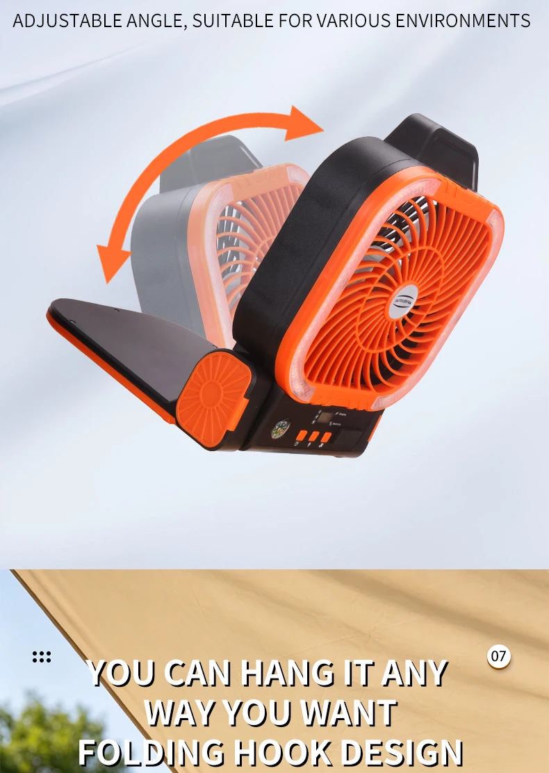 Ventilador de Camping Solar Port&aacute;til, Recargable, con Luz LED, Banco de Energ&iacute;a, Gancho Plegable para Tienda de Campa&ntilde;a y Pesca