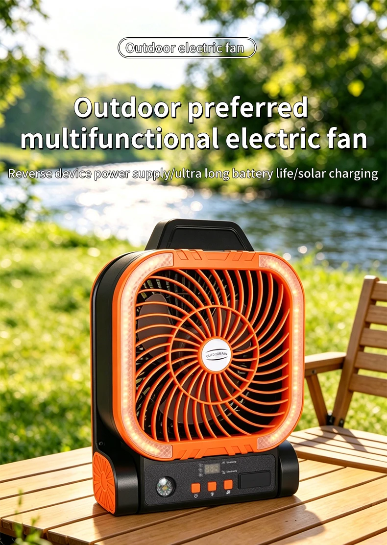 Ventilador de Camping Solar Port&aacute;til, Recargable, con Luz LED, Banco de Energ&iacute;a, Gancho Plegable para Tienda de Campa&ntilde;a y Pesca