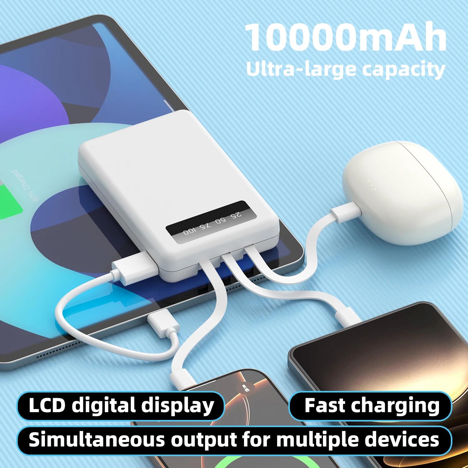 Mini Slim Power Bank Port&aacute;til de 10000 mAh, Pantalla Digital LED Integrada, 1 Puerto USB-A y 3 Cables Integrados, Dise&ntilde;o Peque&ntilde;o y Ligero, Carga Simult&aacute;nea de M&uacute;ltiples Dispositivos para Viajes, Campa