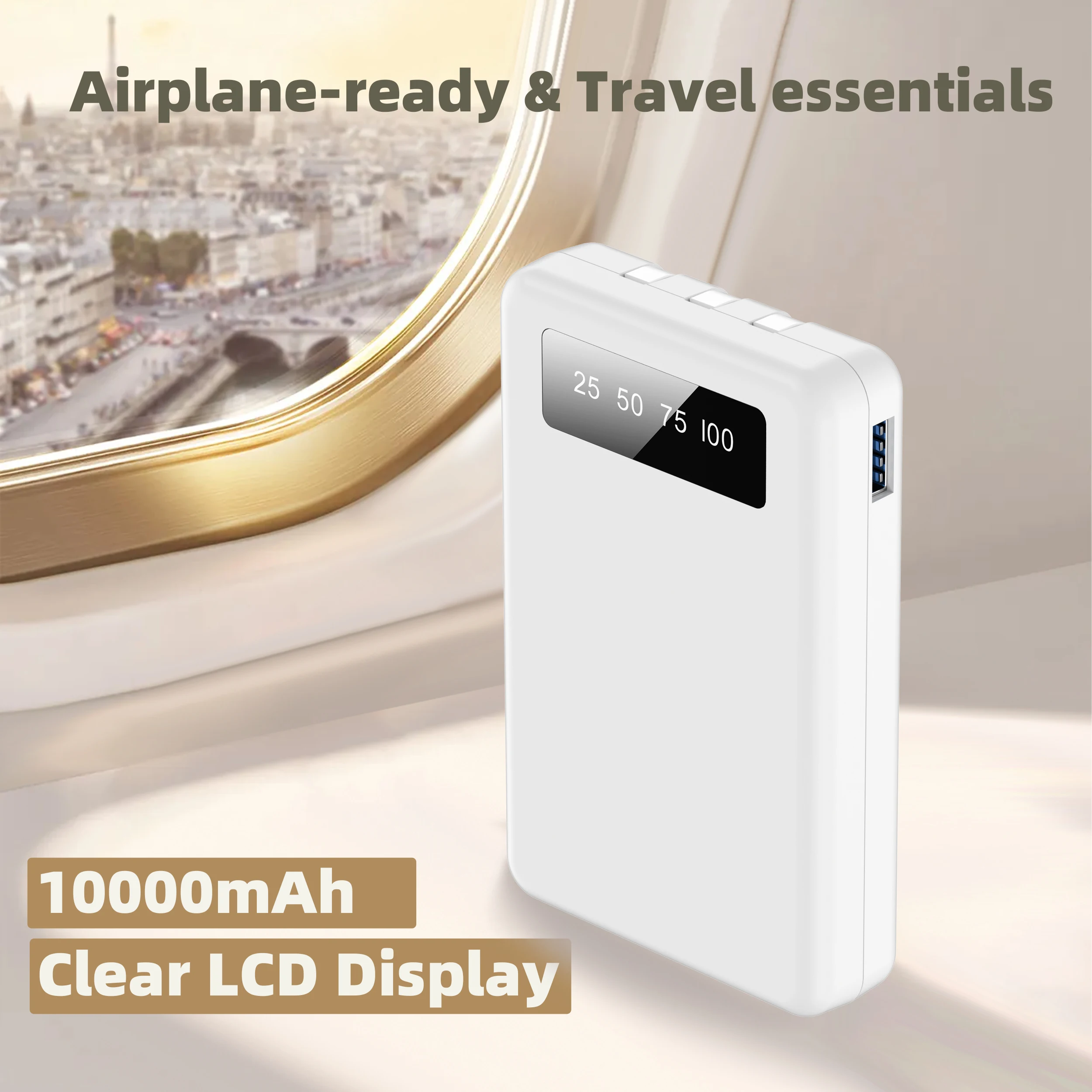 Mini Slim Power Bank Port&aacute;til de 10000 mAh, Pantalla Digital LED Integrada, 1 Puerto USB-A y 3 Cables Integrados, Dise&ntilde;o Peque&ntilde;o y Ligero, Carga Simult&aacute;nea de M&uacute;ltiples Dispositivos para Viajes, Campa