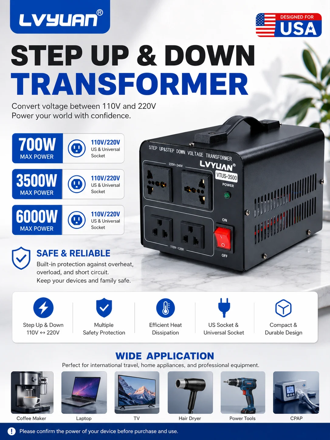 Transformador de Voltaje LVYUAN 700W/3500W/6000W, Convertidor de CA de 110V a 220V o de 220V a 110V, Cable de Alimentaci&oacute;n Est&aacute;ndar de EE. UU.