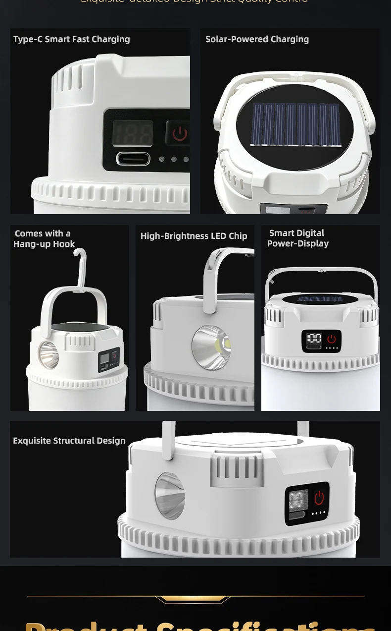 Lámpara Solar LED para Camping, Portátil, con Gancho, Admite Carga TIPO-C Lámpara Solar LED para Camping, Portátil, con Gancho, Admite Carga TIPO-C