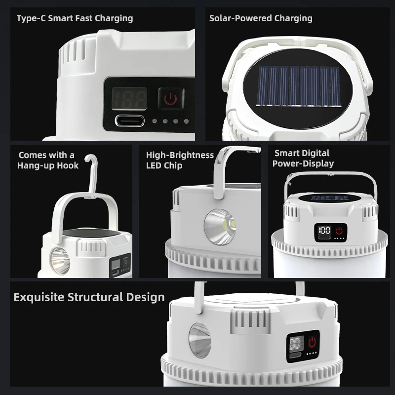 Lámpara Solar LED para Camping, Portátil, con Gancho, Admite Carga TIPO-C Lámpara Solar LED para Camping, Portátil, con Gancho, Admite Carga TIPO-C