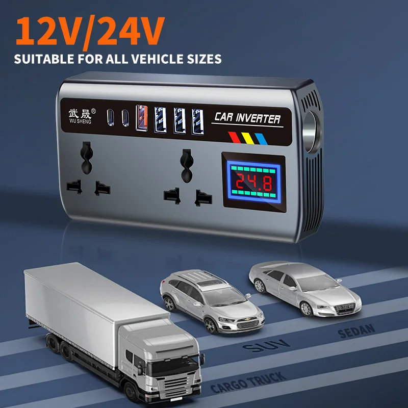 Inversor de Corriente Port&aacute;til para Auto de 12V a 110V y 24V a 220V con 4 Puertos USB de Carga R&aacute;pida para Auto, Camioneta, SUV y RV