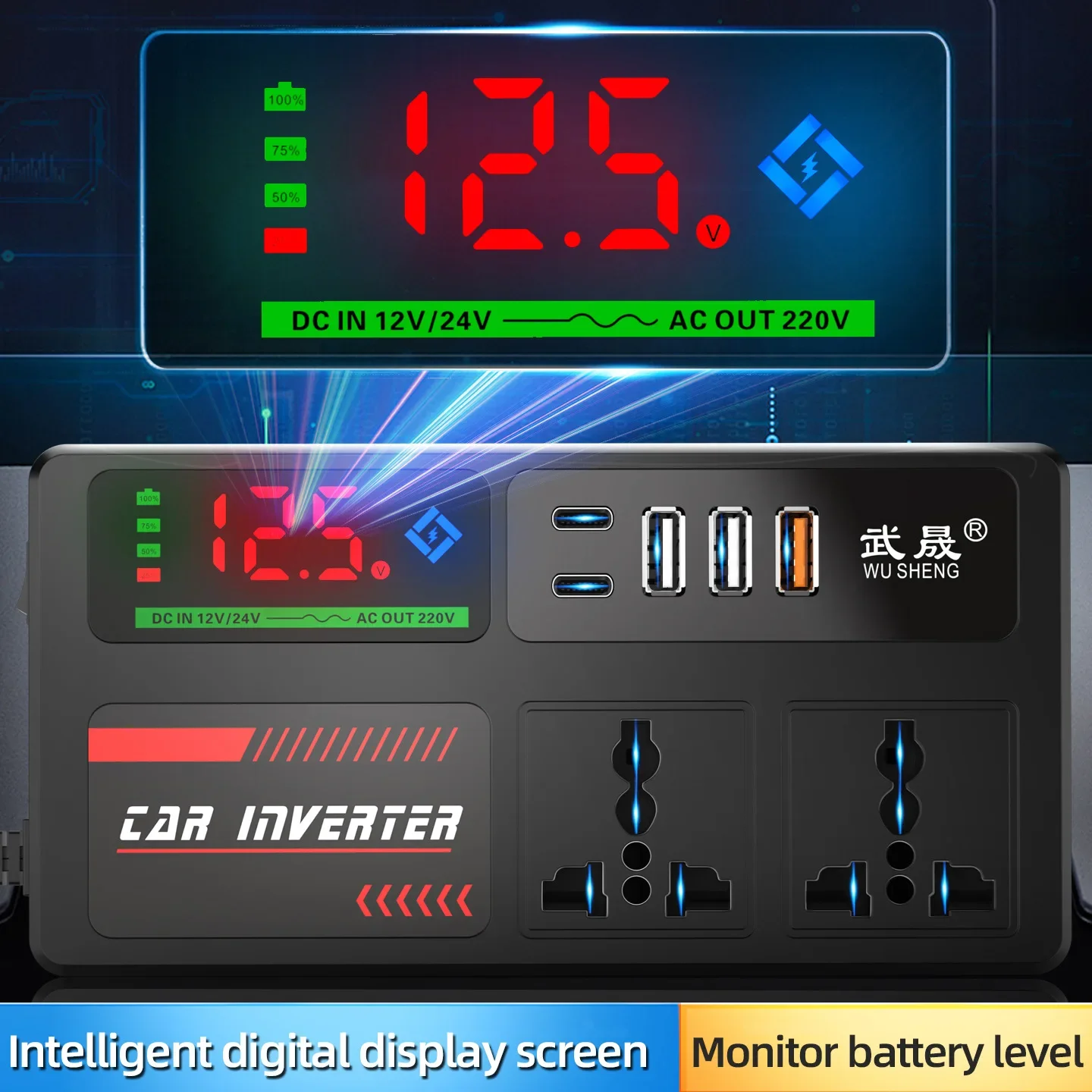 Inversor de Corriente Portátil para Auto de 12V a 110V y 24V a 220V con 4 Puertos USB de Carga Rápida para Auto, Camioneta, SUV y RV Inversor de Corriente Portátil para Auto de 12V a 110V y 24V a 220V con 4 Puertos USB de Carga Rápida para Auto, Camioneta, SUV y RV
