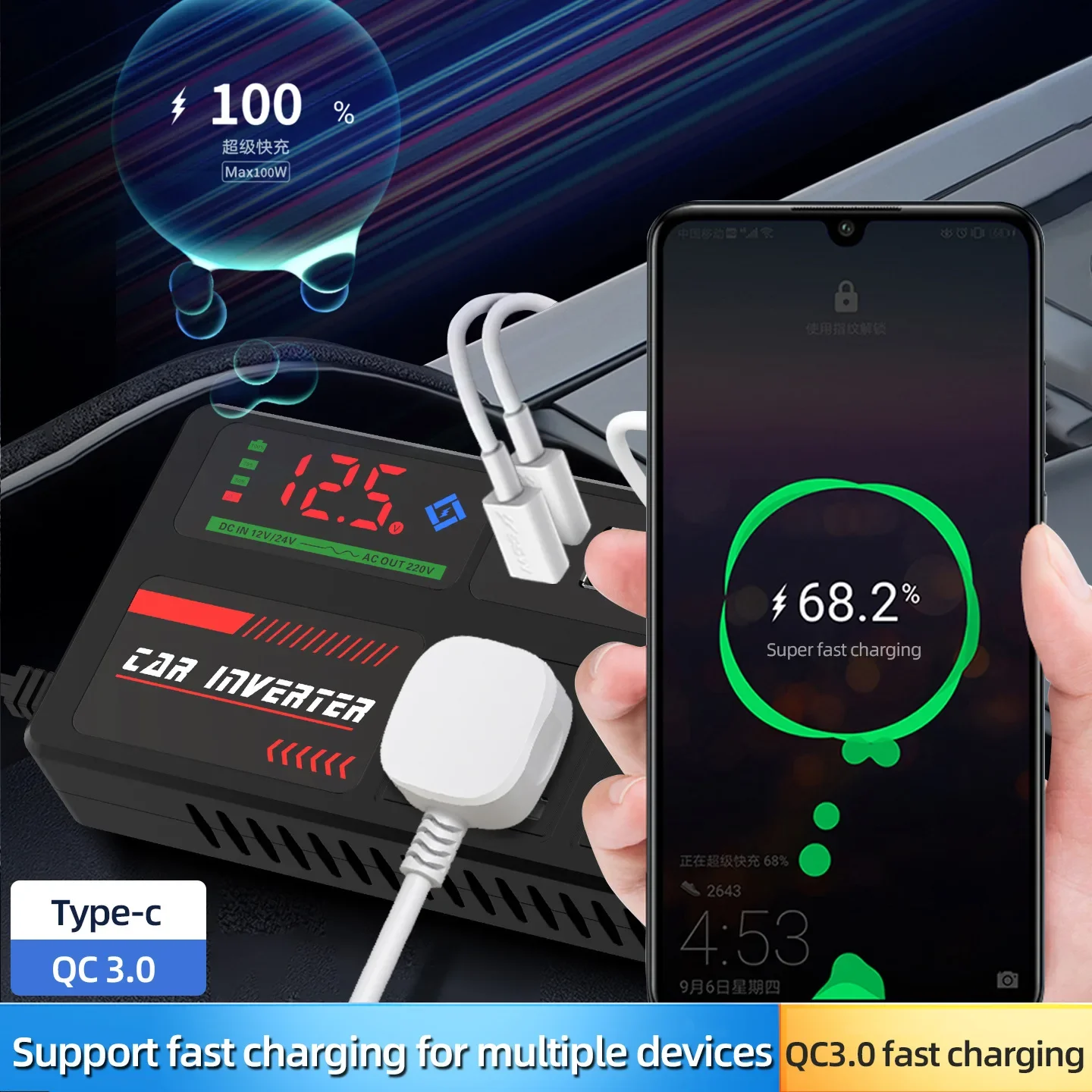 Inversor de Corriente Portátil para Auto de 12V a 110V y 24V a 220V con 4 Puertos USB de Carga Rápida para Auto, Camioneta, SUV y RV Inversor de Corriente Portátil para Auto de 12V a 110V y 24V a 220V con 4 Puertos USB de Carga Rápida para Auto, Camioneta, SUV y RV