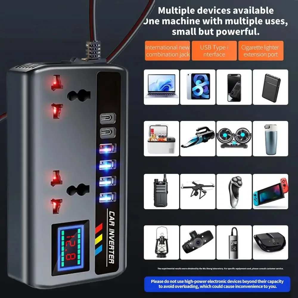 Inversor de Corriente Port&aacute;til para Auto de 12V a 110V y 24V a 220V con 4 Puertos USB de Carga R&aacute;pida para Auto, Camioneta, SUV y RV