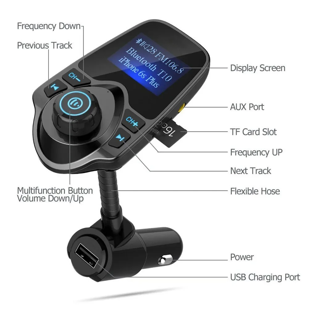 Transmisor FM, Cargador de Coche USB de 5V 2.1A, Kit de Coche Bluetooth Manos Libres, Reproductor de M&uacute;sica MP3, Pantalla LED de 1.44 Pulgadas