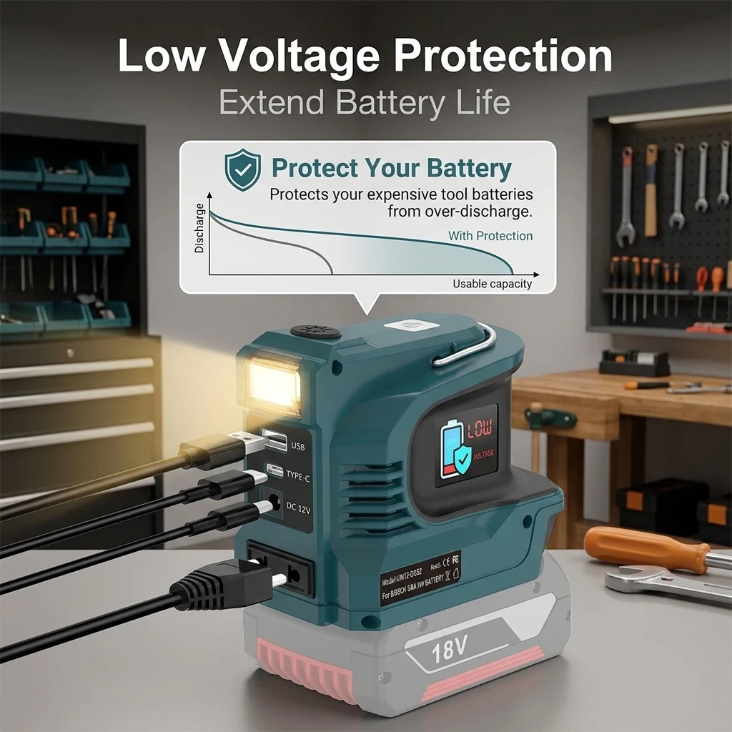 Inversor de Corriente de 200W para Bater&iacute;as Makita, Bosch, Dewalt, Milwaukee de 18V, Salida de CA 120-220V, Cargador R&aacute;pido USB QC3.0 PD para Exteriores