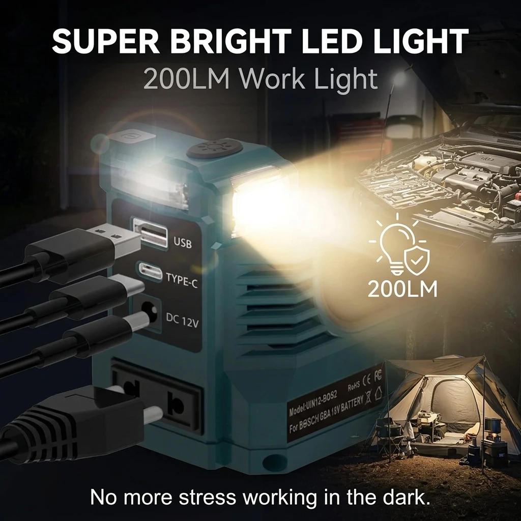 Inversor de Corriente de 200W para Bater&iacute;as Makita, Bosch, Dewalt, Milwaukee de 18V, Salida de CA 120-220V, Cargador R&aacute;pido USB QC3.0 PD para Exteriores