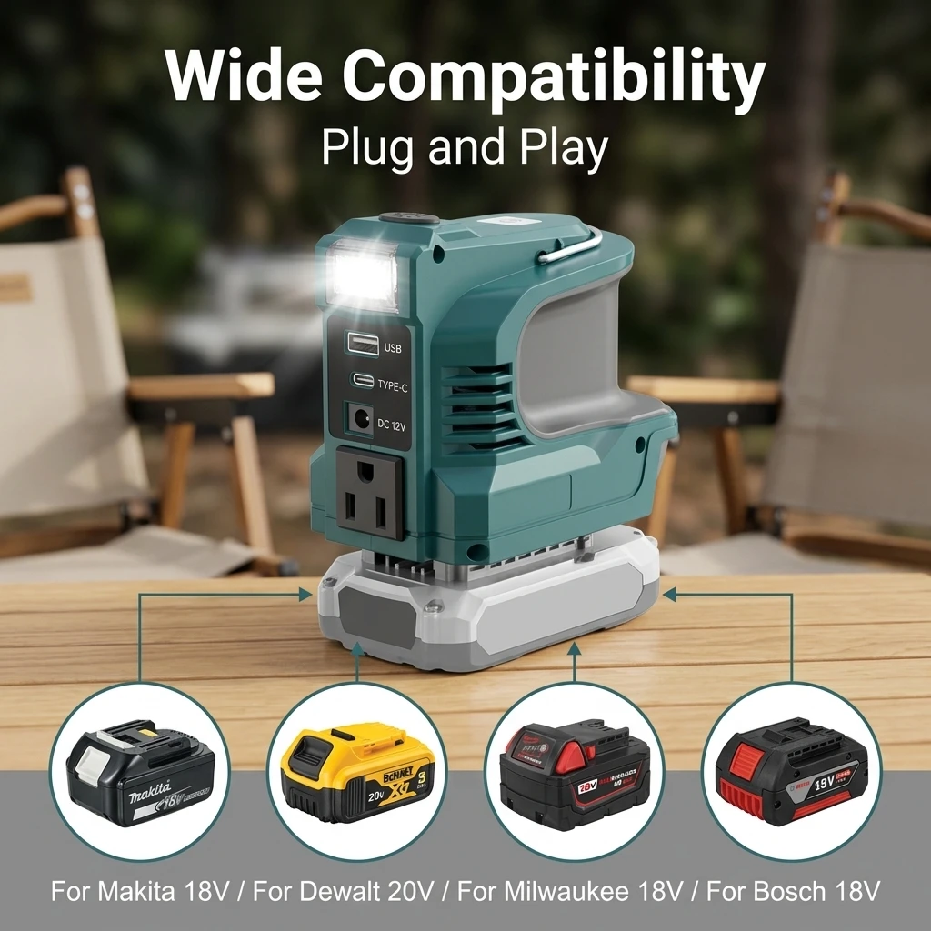 Inversor de Corriente de 200W para Bater&iacute;as Makita, Bosch, Dewalt, Milwaukee de 18V, Salida de CA 120-220V, Cargador R&aacute;pido USB QC3.0 PD para Exteriores