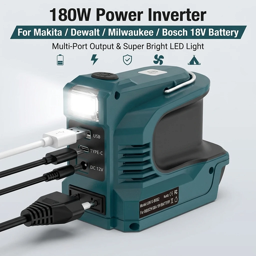 Inversor de Corriente de 200W para Baterías Makita, Bosch, Dewalt, Milwaukee de 18V, Salida de CA 120-220V, Cargador Rápido USB QC3.0 PD para Exteriores Inversor de Corriente de 200W para Baterías Makita, Bosch, Dewalt, Milwaukee de 18V, Salida de CA 120-220V, Cargador Rápido USB QC3.0 PD para Exteriores
