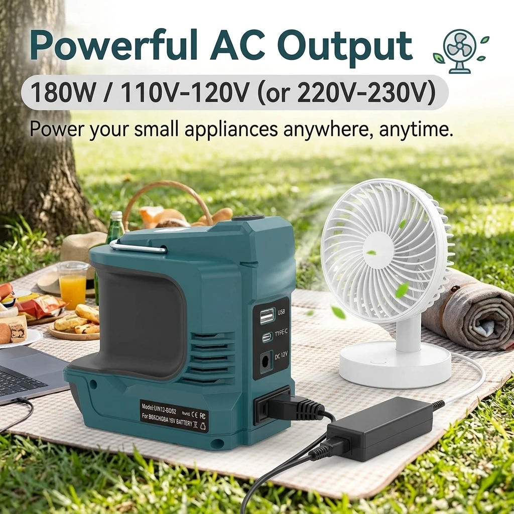 Inversor de Corriente de 200W para Bater&iacute;as Makita, Bosch, Dewalt, Milwaukee de 18V, Salida de CA 120-220V, Cargador R&aacute;pido USB QC3.0 PD para Exteriores