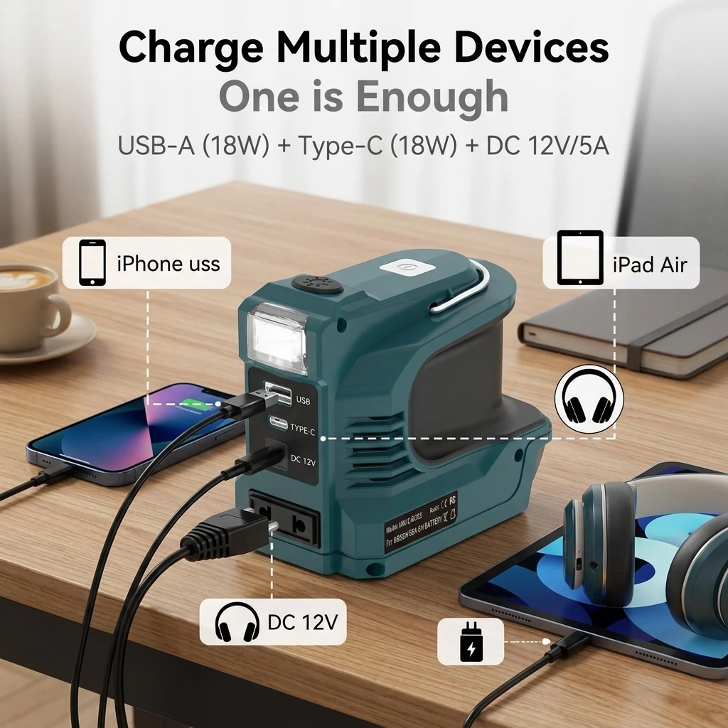 Inversor de Corriente de 200W para Baterías Makita, Bosch, Dewalt, Milwaukee de 18V, Salida de CA 120-220V, Cargador Rápido USB QC3.0 PD para Exteriores Inversor de Corriente de 200W para Baterías Makita, Bosch, Dewalt, Milwaukee de 18V, Salida de CA 120-220V, Cargador Rápido USB QC3.0 PD para Exteriores