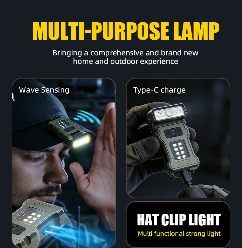 Linterna LED COB con Clip, Port&aacute;til, Recargable por USB-C, Luz de Trabajo EDC, Linterna Frontal Brillante para Camping, Senderismo, Pesca Nocturna y Reparaciones