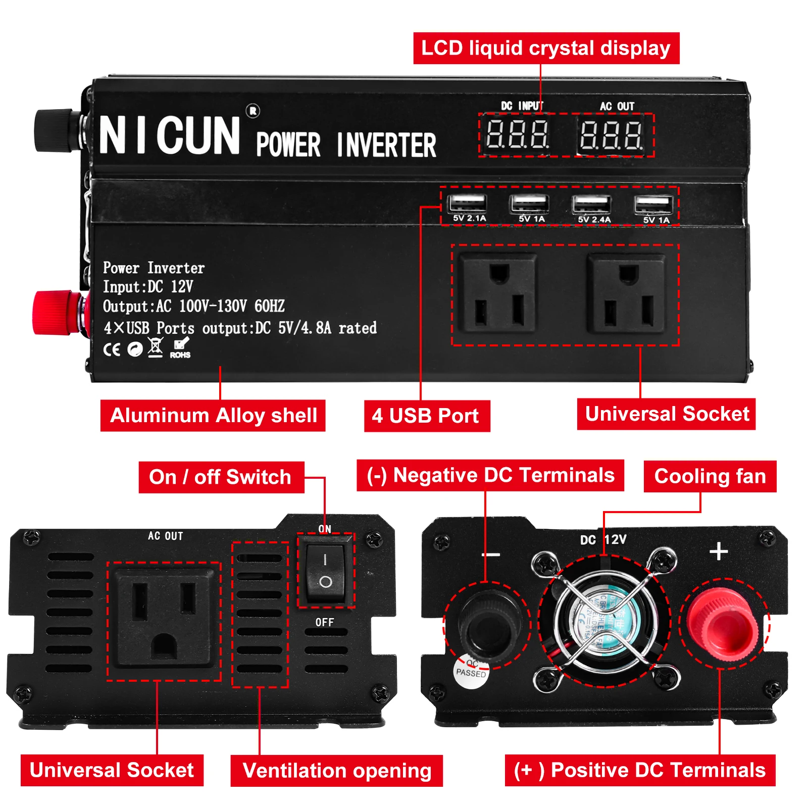 Inversor de Corriente para Auto de 6000W, DC 12V a AC 110V 60Hz, Onda Sinusoidal, Convertidor de Energ&iacute;a Solar, Pantalla LCD, Carga R&aacute;pida
