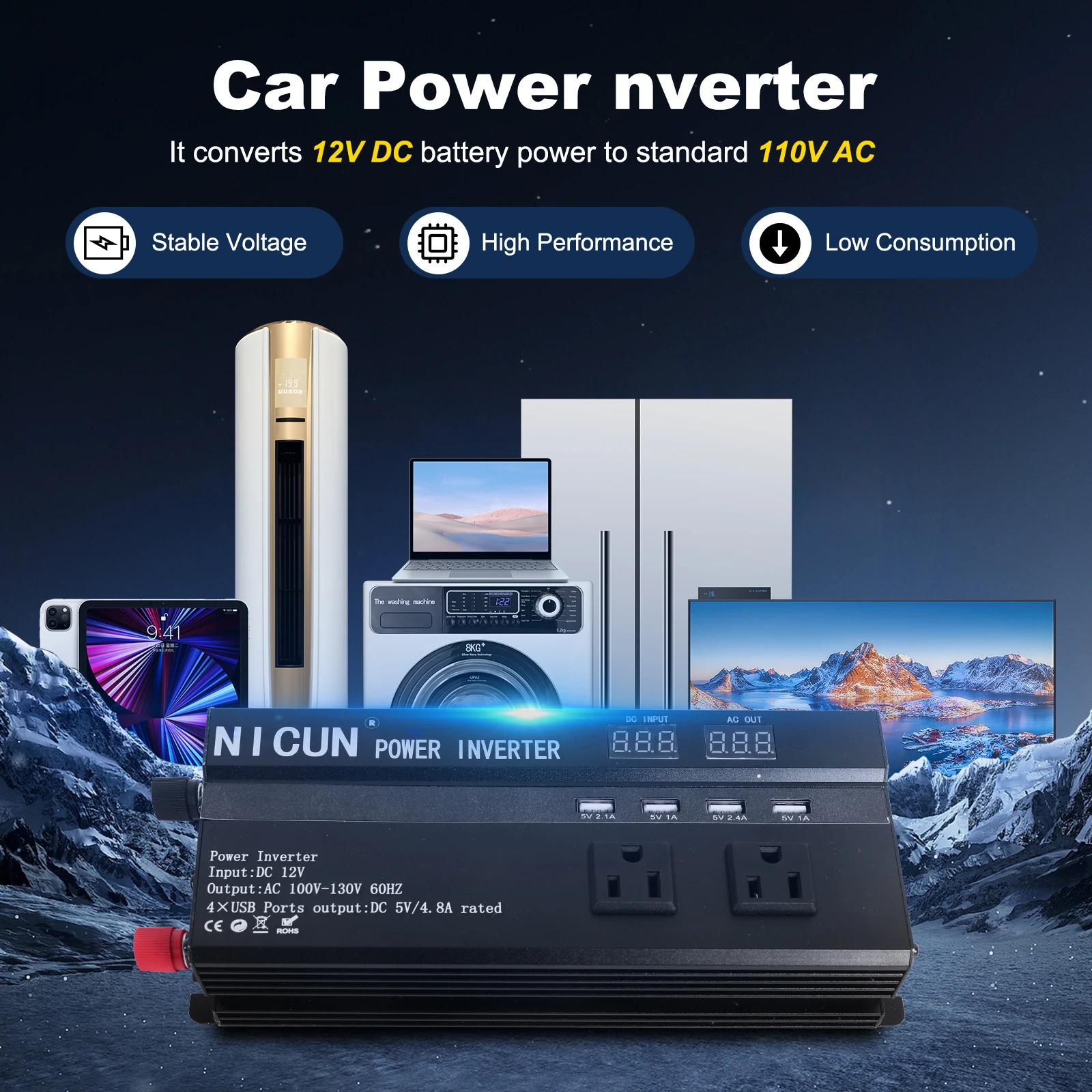 Inversor de Corriente para Auto de 6000W, DC 12V a AC 110V 60Hz, Onda Sinusoidal, Convertidor de Energía Solar, Pantalla LCD, Carga Rápida Inversor de Corriente para Auto de 6000W, DC 12V a AC 110V 60Hz, Onda Sinusoidal, Convertidor de Energía Solar, Pantalla LCD, Carga Rápida
