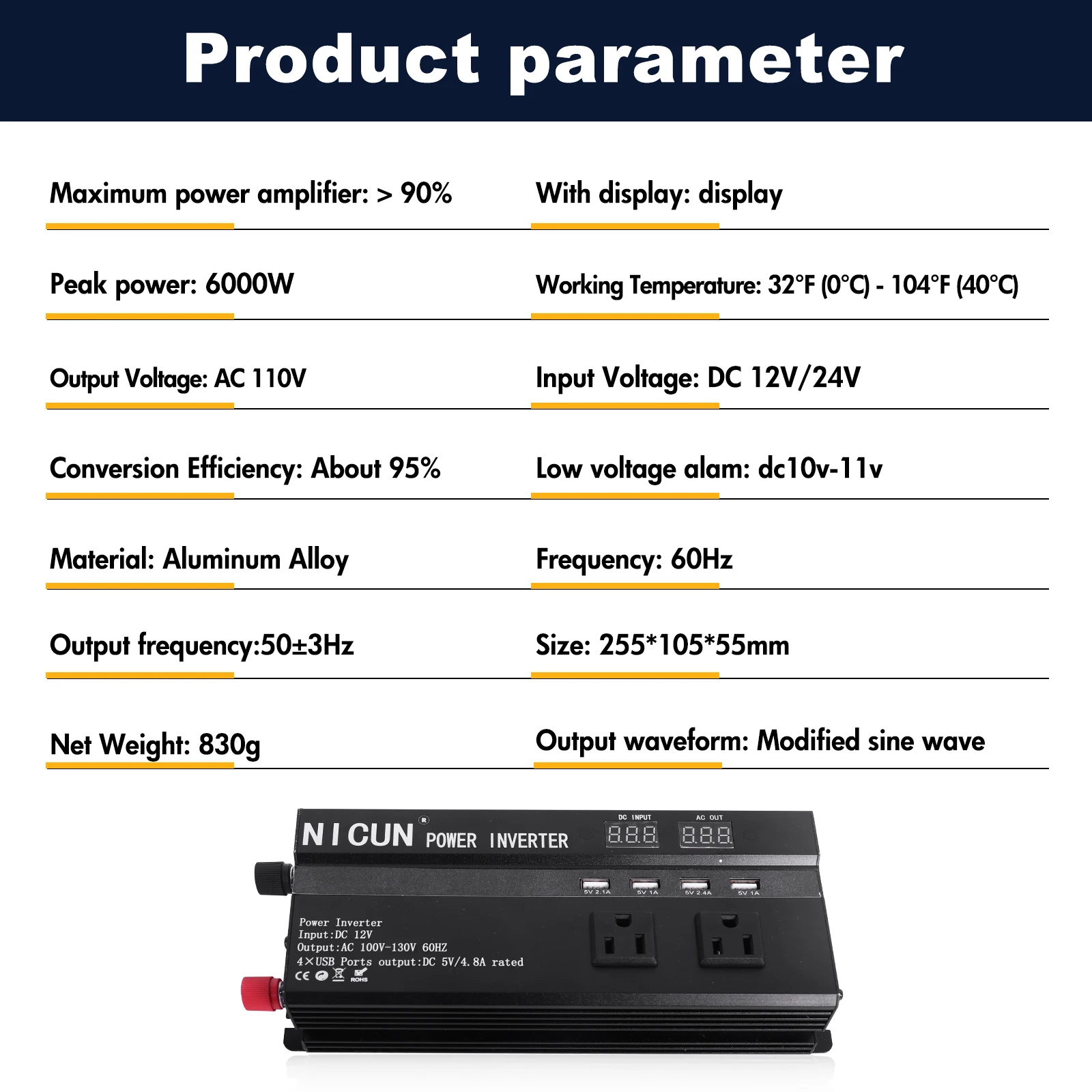 Inversor de Corriente para Auto de 6000W, DC 12V a AC 110V 60Hz, Onda Sinusoidal, Convertidor de Energ&iacute;a Solar, Pantalla LCD, Carga R&aacute;pida