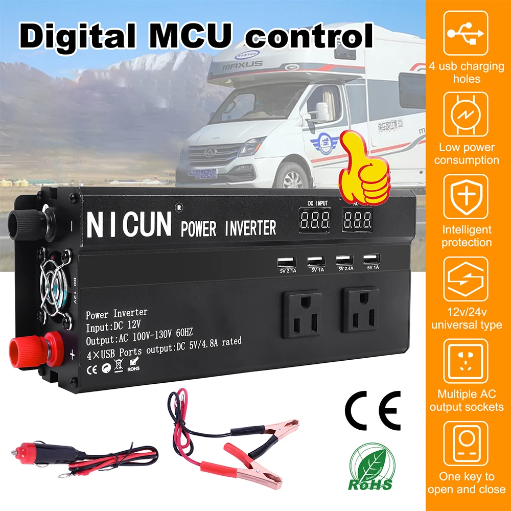 Inversor de Corriente para Auto de 6000W, DC 12V a AC 110V 60Hz, Onda Sinusoidal, Convertidor de Energ&iacute;a Solar, Pantalla LCD, Carga R&aacute;pida
