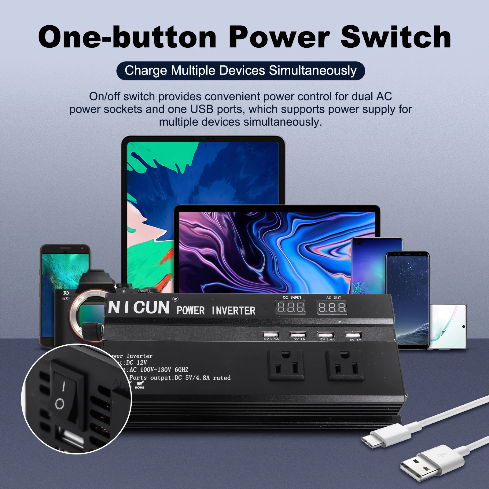 Inversor de Corriente para Auto de 6000W, DC 12V a AC 110V 60Hz, Onda Sinusoidal, Convertidor de Energ&iacute;a Solar, Pantalla LCD, Carga R&aacute;pida