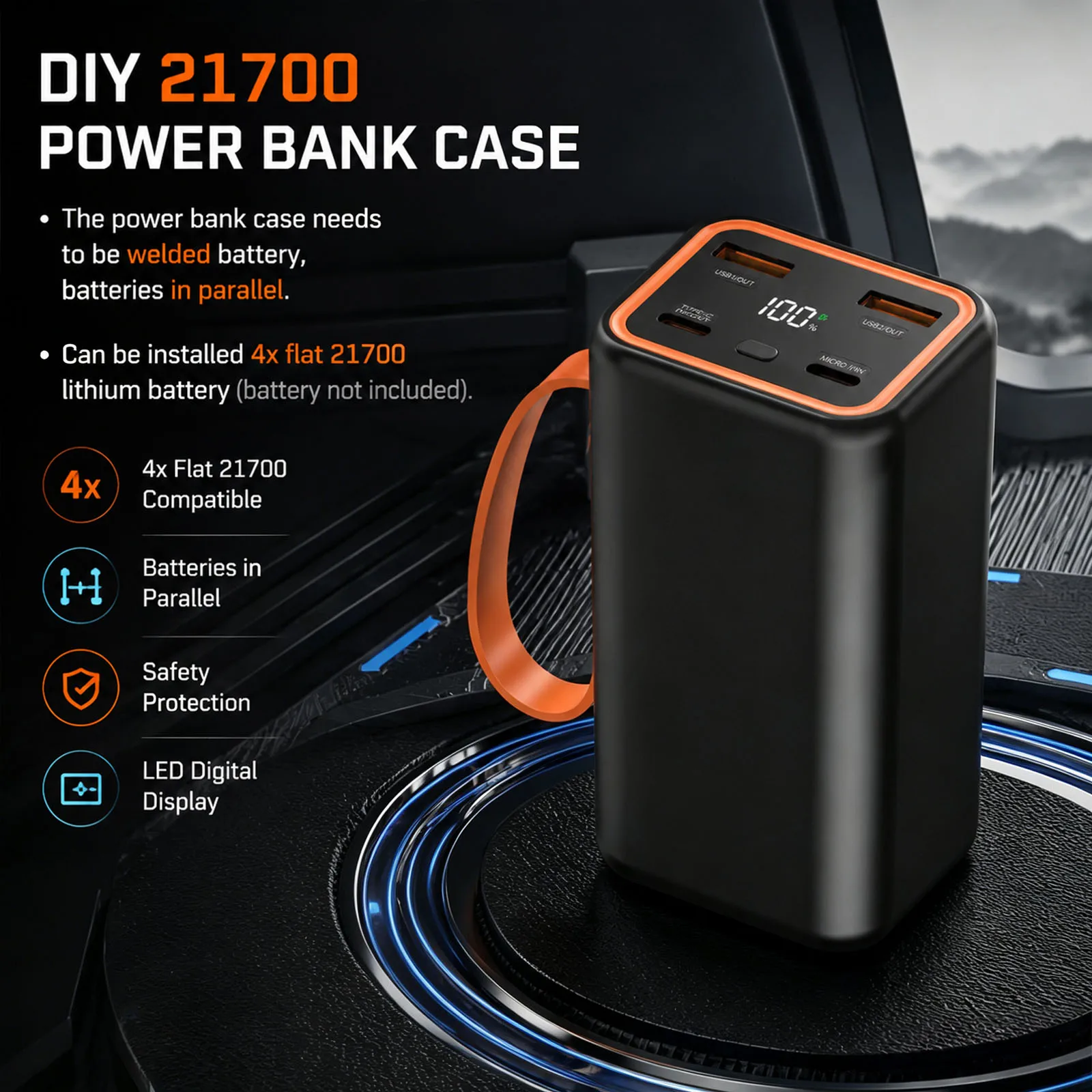 Caja de banco de energ&iacute;a desmontable DIY 4*21700 bater&iacute;a PD 22,5 W carcasa de carga r&aacute;pida pantalla Digital LCD banco de energ&iacute;a caja de bater&iacute;a DIY