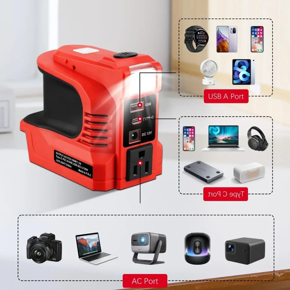 Adaptador de cargador de energ&iacute;a port&aacute;til, inversor de corriente de 180W para artesano, bater&iacute;as de 20V, CC de 20V a CA de 110V/220V con puertos USB y tipo C