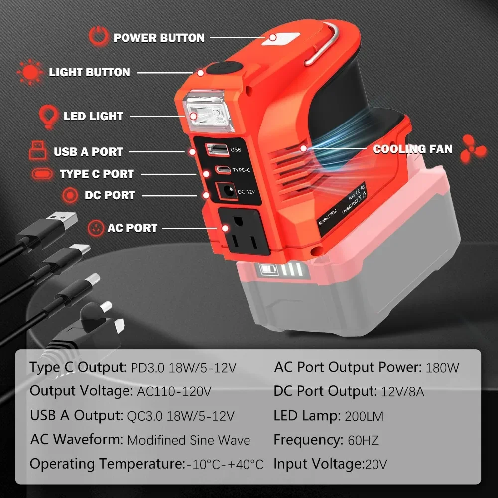 Adaptador de cargador de energ&iacute;a port&aacute;til, inversor de corriente de 180W para artesano, bater&iacute;as de 20V, CC de 20V a CA de 110V/220V con puertos USB y tipo C