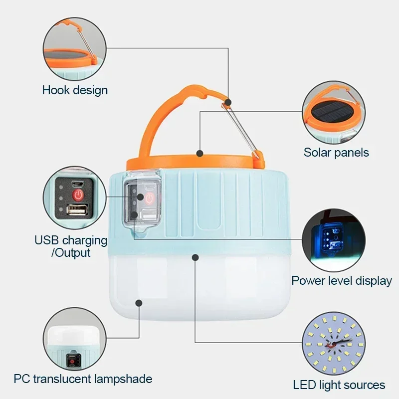 Potente lámpara LED Solar para acampar, linternas portátiles impermeables, luces de emergencia para barbacoa, senderismo, linternas de tienda recargables por USB Potente lámpara LED Solar para acampar, linternas portátiles impermeables, luces de emergencia para barbacoa, senderismo, linternas de tienda recargables por USB