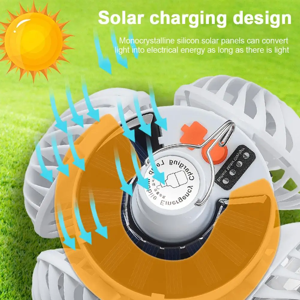 Ventilador de techo port&aacute;til plegable con luz LED, bombilla solar y 4 mini ventiladores para acampar al aire libre, luz nocturna.