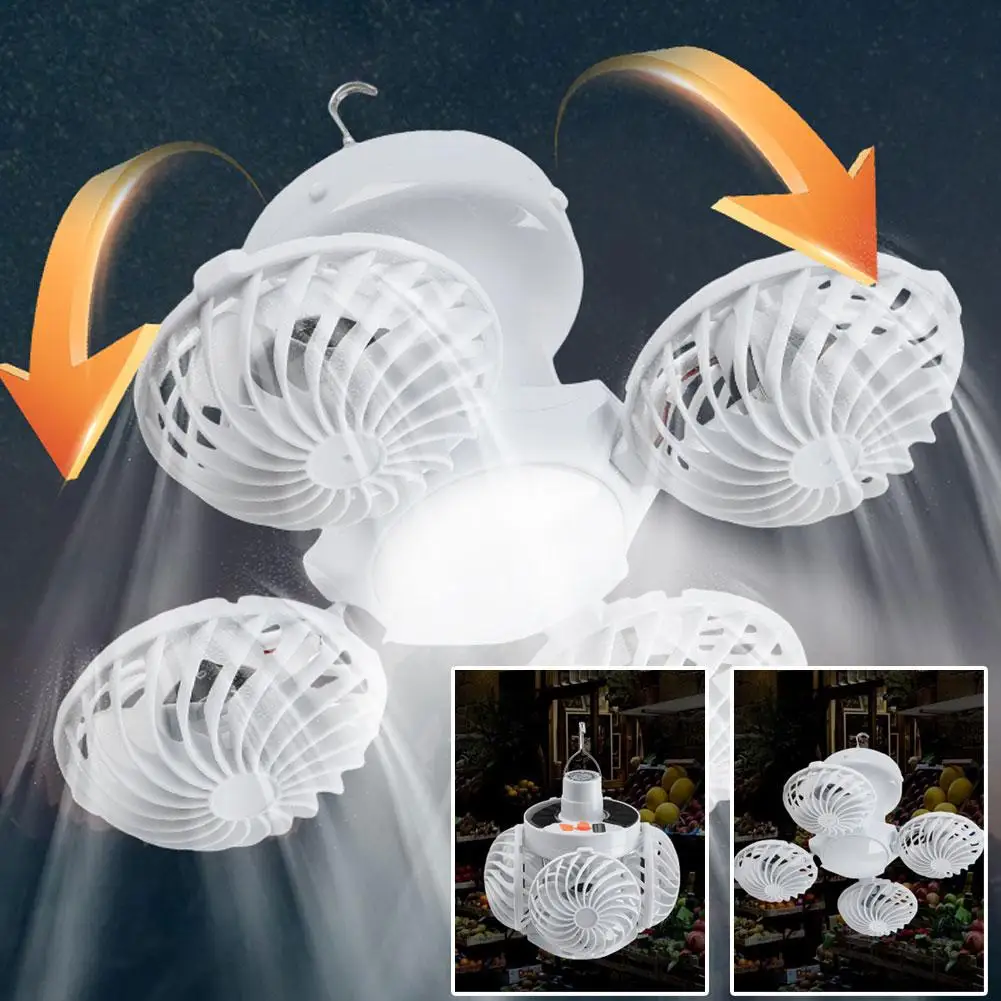 Ventilador de techo port&aacute;til plegable con luz LED, bombilla solar y 4 mini ventiladores para acampar al aire libre, luz nocturna.