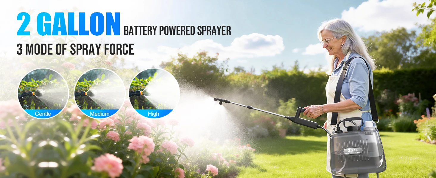 Pulverizador El&eacute;ctrico de 2 Galones con Bater&iacute;a, Pulverizador de Jard&iacute;n con 3 Niveles de Presi&oacute;n Ajustables, 4 Boquillas y Varilla Extensible