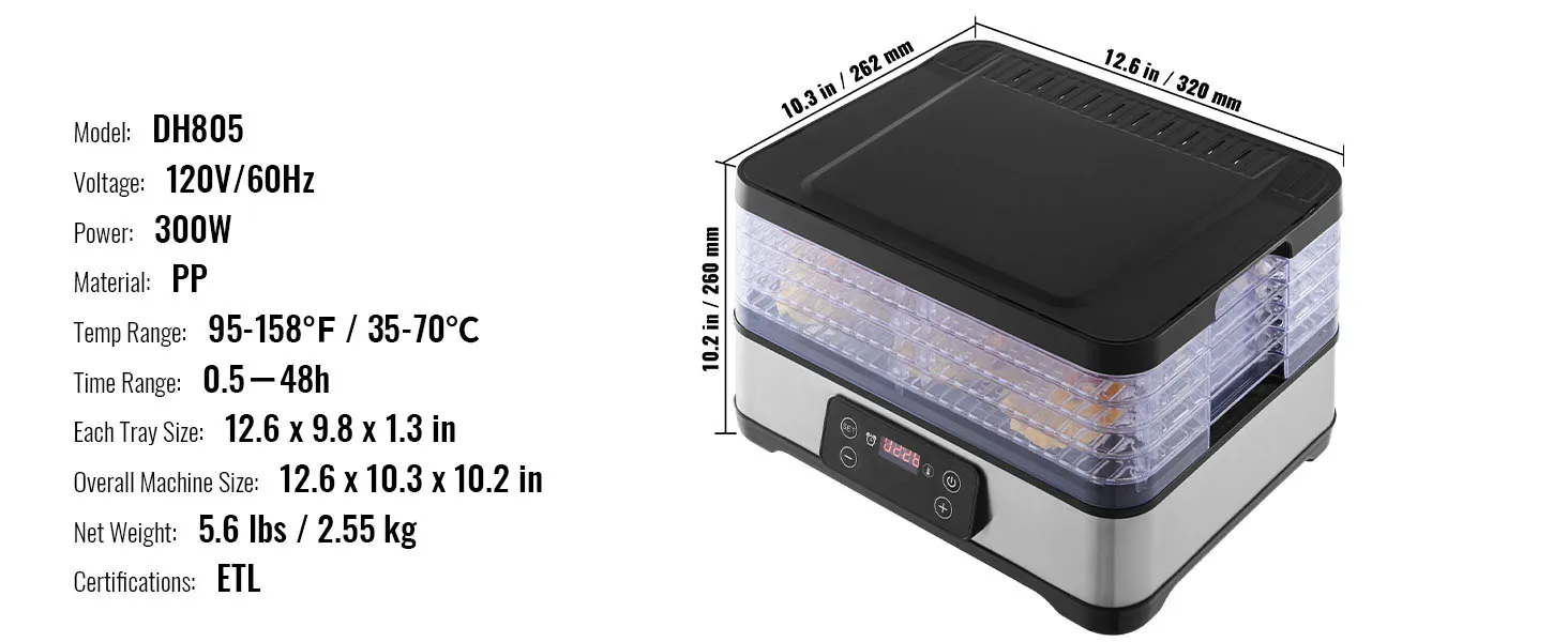 SucceBuy-m&aacute;quina deshidratadora de alimentos de 5 bandejas, secador de alimentos el&eacute;ctrico de acero inoxidable de 300W con temporizador y temperatura ajustables digitales